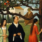 Vintage clothing painting: Three people under apple trees with man holding book, church in background