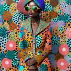 Person in Blue and Orange Polka-Dotted Outfit Blends into Vibrant Dotted Background