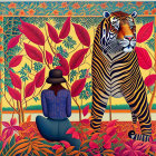 Woman in stylish hat and dress with tigers in vibrant floral setting