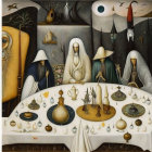 Surreal painting featuring robed figures with bird-like masks at a table with animals and miniature buildings