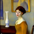 Classic Portrait: Woman with Dark Hair in Yellow Dress Near Vase & Painting