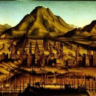 Fantastical Medieval Landscape with Mountains and City Walls