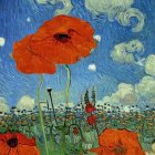 Colorful painting of oversized red poppies under a blue sky with white clouds and a small moon.