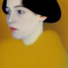 Stylized portrait of woman with pale skin and dark hair on golden background in yellow garment with blue