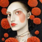 Stylized portrait of woman with striking makeup and floral background