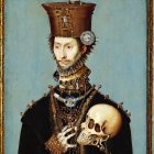 Man with Beard Wearing High-Crowned Hat and Holding Skull