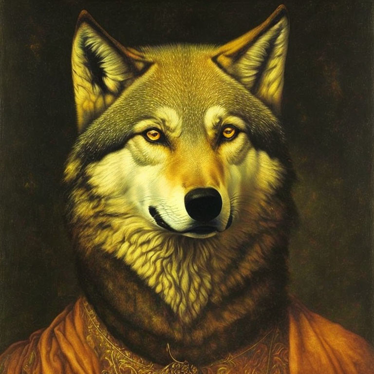 Wolf with Human-like Features in Renaissance Clothing on Dark Background