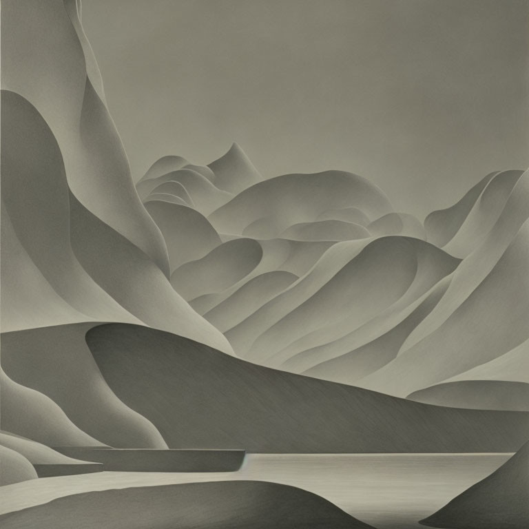 Serene monochromatic landscape with undulating hills and smooth water