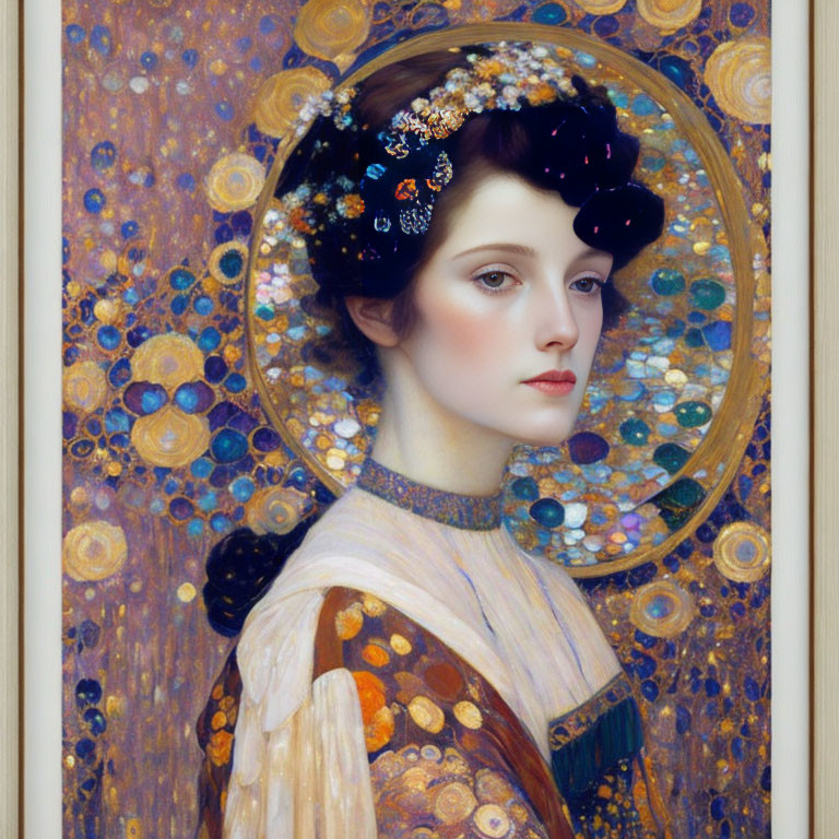 Art Nouveau Style Portrait Featuring Woman and Decorative Circular Patterns