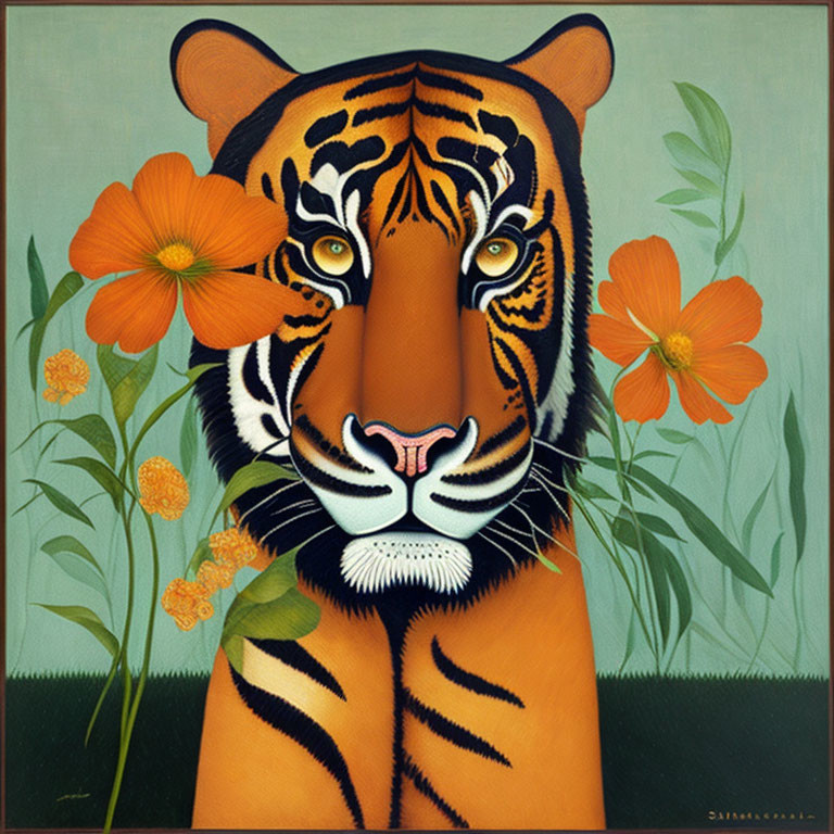 Colorful Tiger Face Painting with Flowers on Green Background