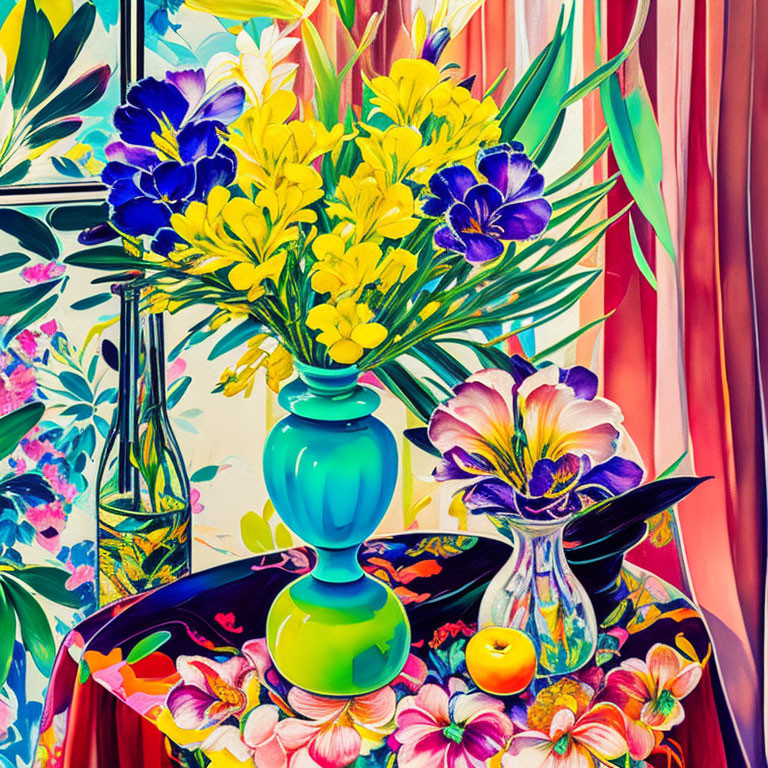 Colorful still-life painting with flowers in teal vase and bold patterns.