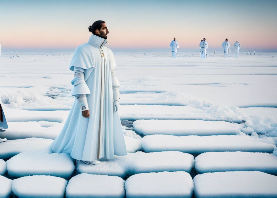 Man in White Robe on Patterned Ice Floes with Identical Figures in Distance