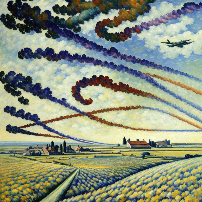 Rural landscape painting with colorful sky streaks and yellow-blue fields