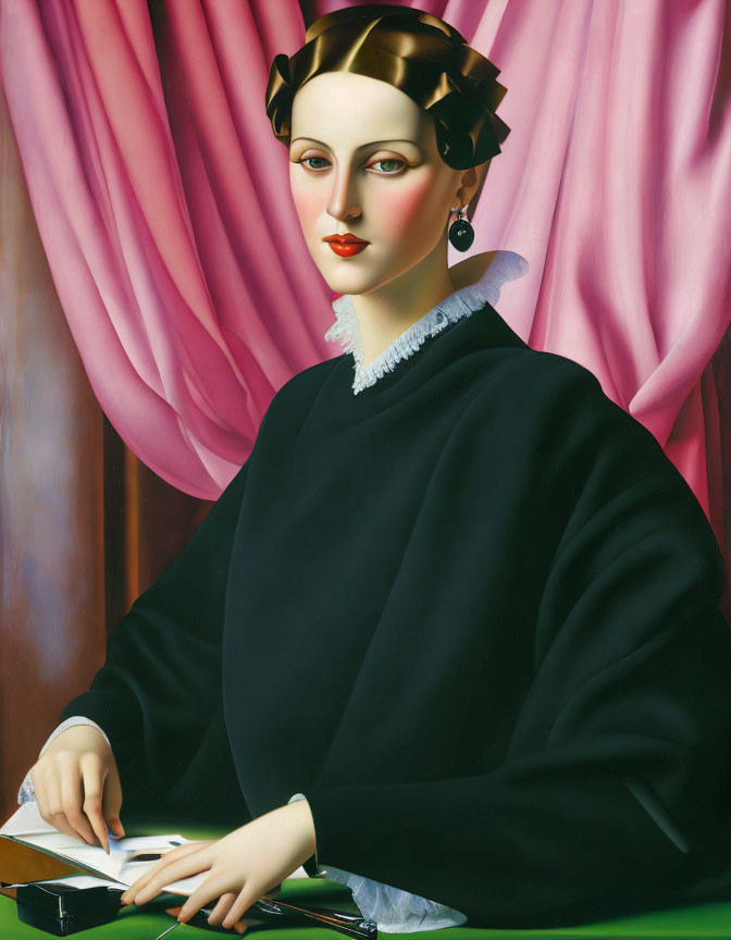 Stylized portrait of woman with pale skin and dark hair seated before pink curtain in black outfit.