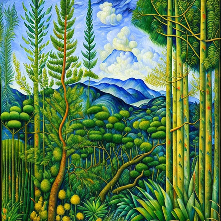 Lush Forest Painting with Bamboo, Ferns, and Green Foliage