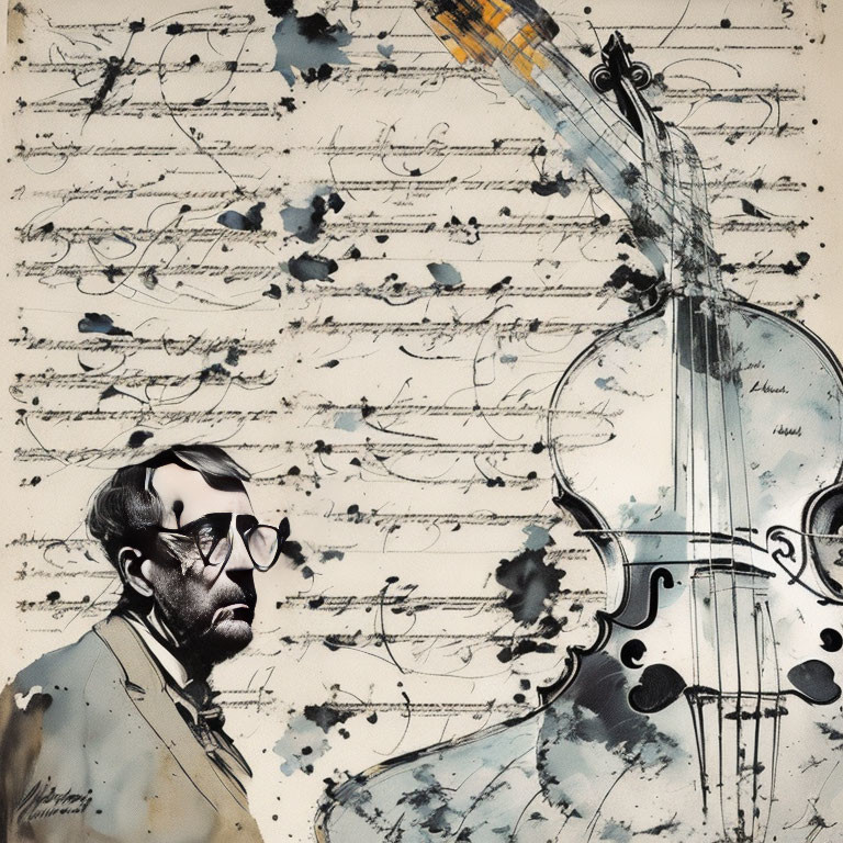 Man with Glasses and Beard Merged with Cello in Ink Splatter Illustration