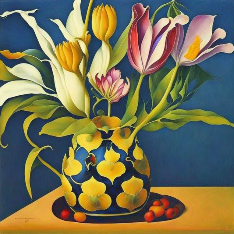 Colorful painting of yellow and purple tulip bouquet in blue vase with golden patterns on table with fruits