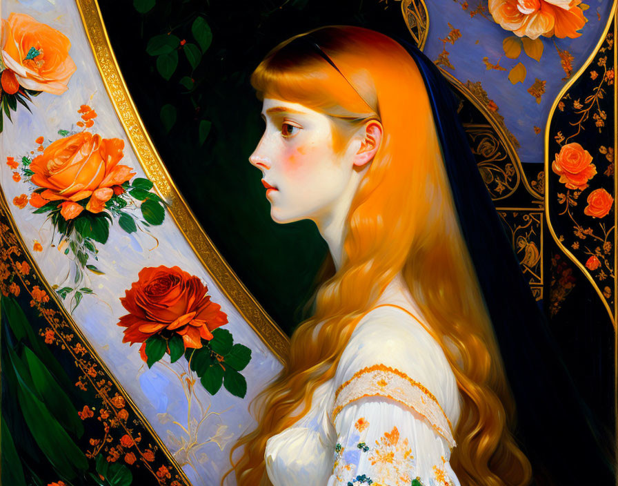 Portrait of Woman with Long Red Hair and Fair Skin Looking at Ornate Mirror with Rose Motifs