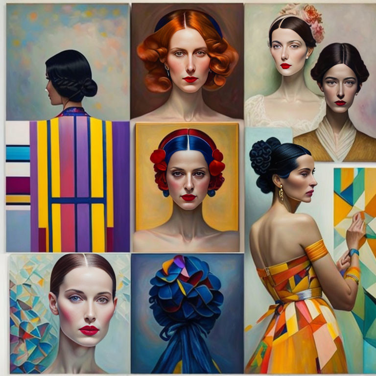 Collection of Nine Stylized Women Portraits with Unique Hairstyles and Makeup