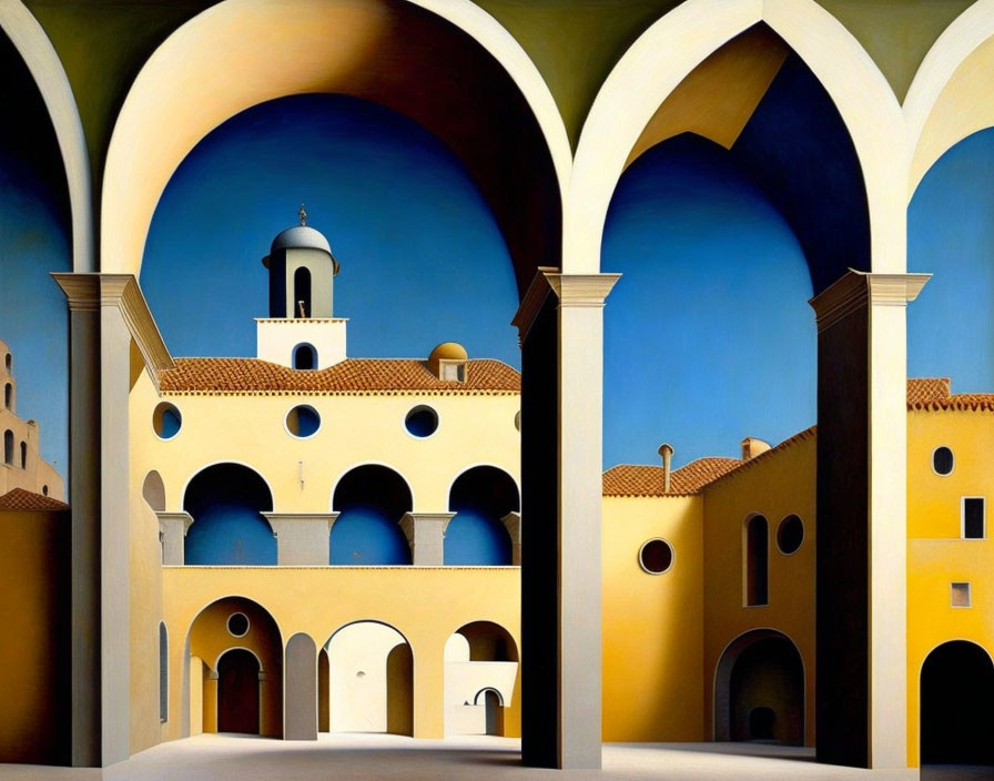 Surreal architectural painting of Mediterranean-style building