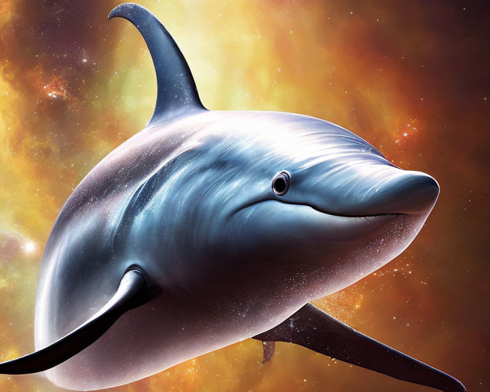 Vibrant cosmic background with warm hues and starlight dolphin illustration