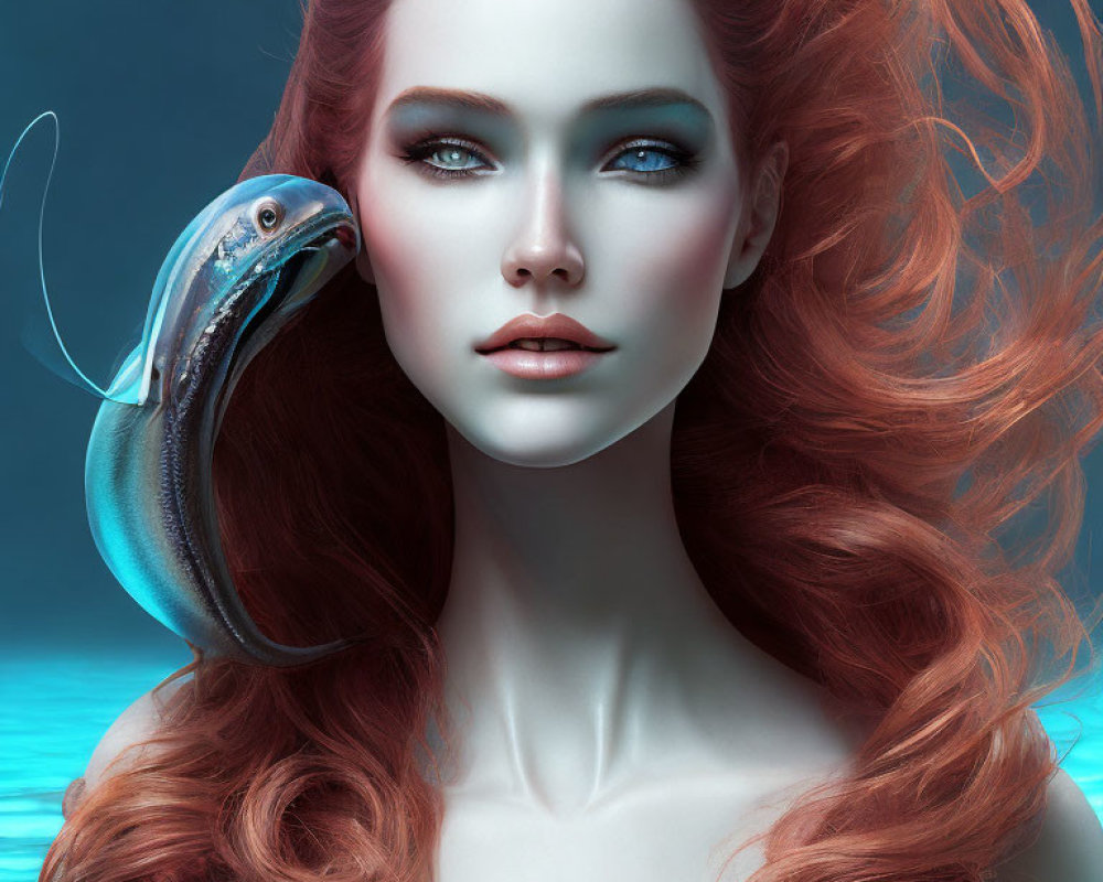 Surreal portrait of woman with red hair and blue eyes, accompanied by whimsical creature