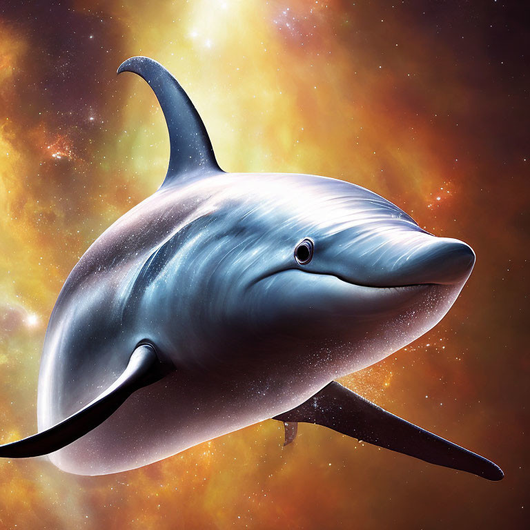 Vibrant cosmic background with warm hues and starlight dolphin illustration