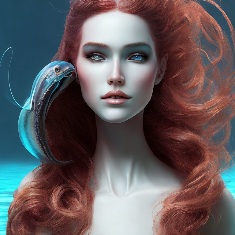 Surreal portrait of woman with red hair and blue eyes, accompanied by whimsical creature