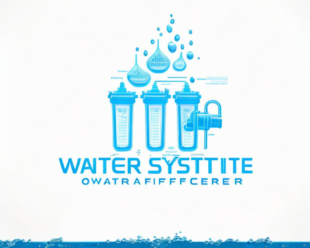 Blue Water Filtration System with Interconnected Filters and Water Droplets Design.