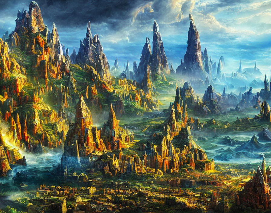 Vibrant fantasy landscape with towering mountains and luminous atmosphere