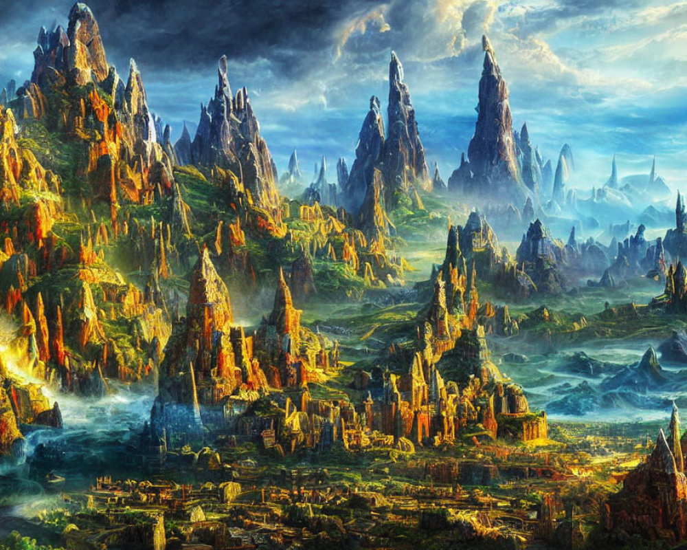 Vibrant fantasy landscape with towering mountains and luminous atmosphere