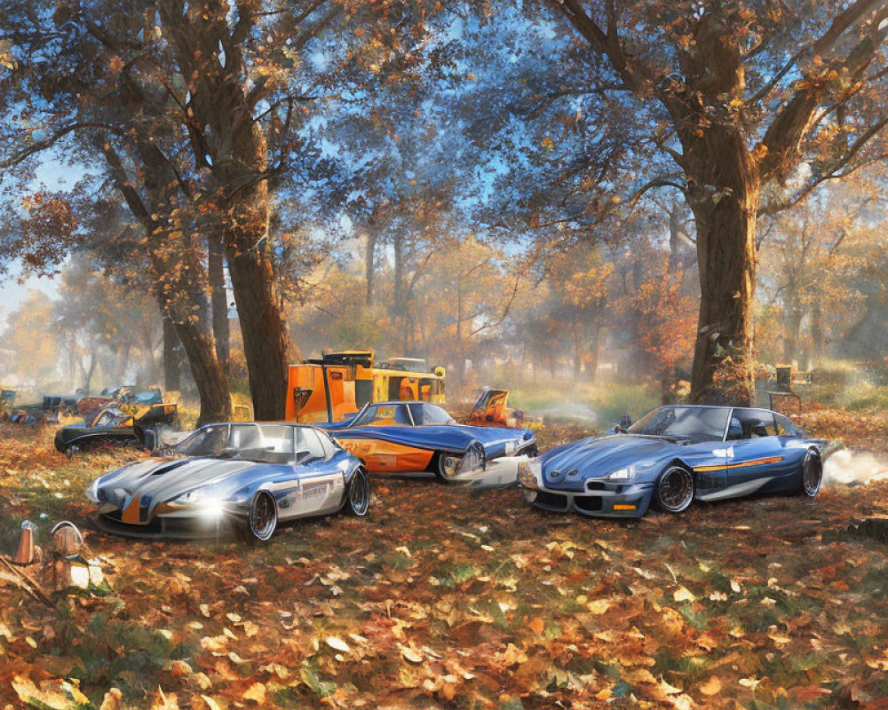 Forest clearing with sports cars, digger, and camping gear under golden trees