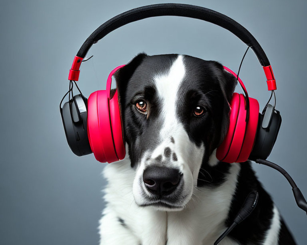 Black and White Dog with Pink Headphones on Gray Background