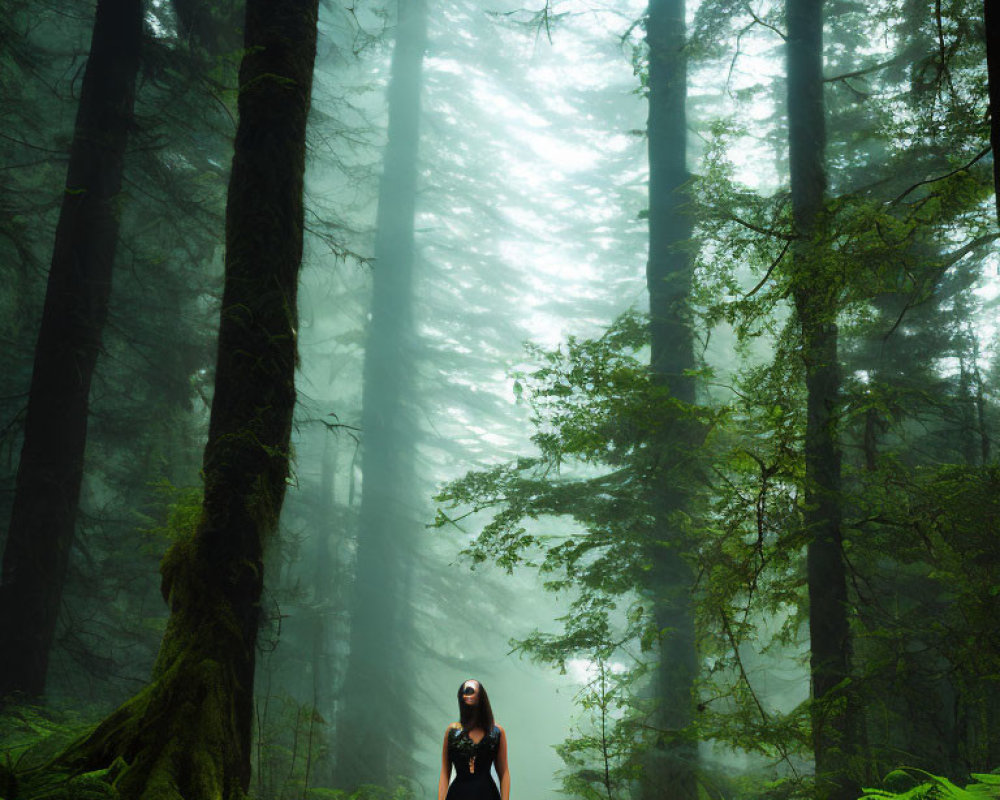 Woman in Black Dress Standing in Misty Forest with Tall Trees and Ferns