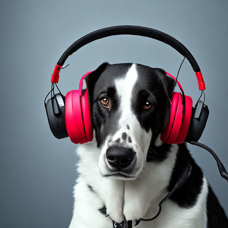 Black and White Dog with Pink Headphones on Gray Background