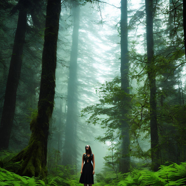 Woman in Black Dress Standing in Misty Forest with Tall Trees and Ferns