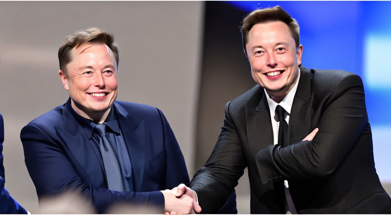 Men in matching suits smiling, one offering handshake