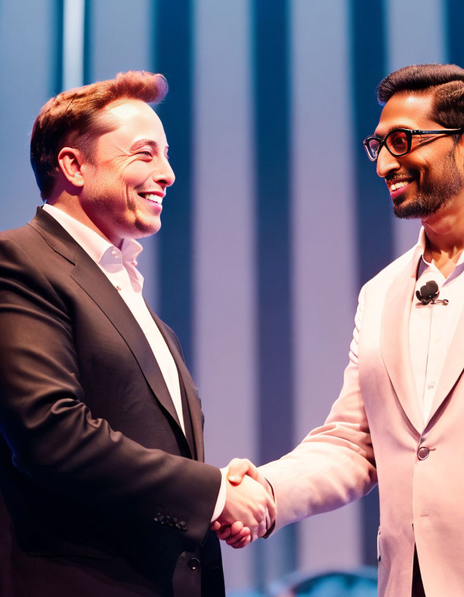 Men in black suit and pink jacket shaking hands on stage, both smiling