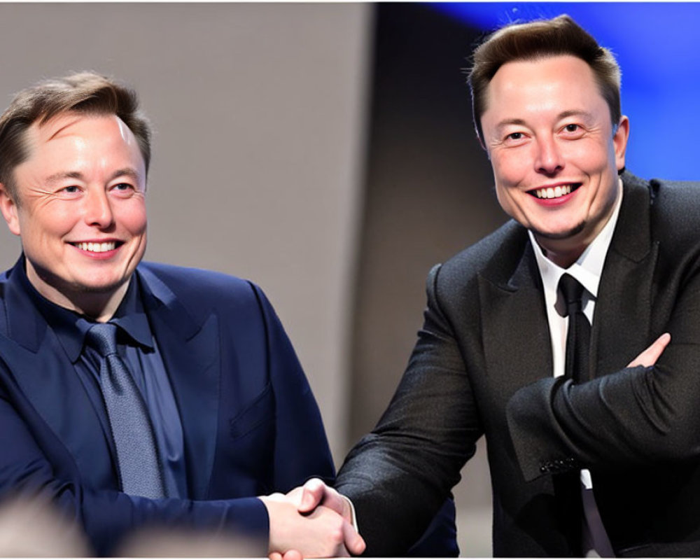 Men in matching suits smiling, one offering handshake