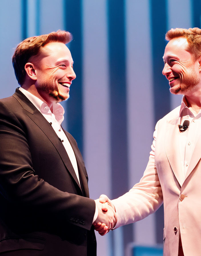 Men shaking hands on stage with blue backdrop.