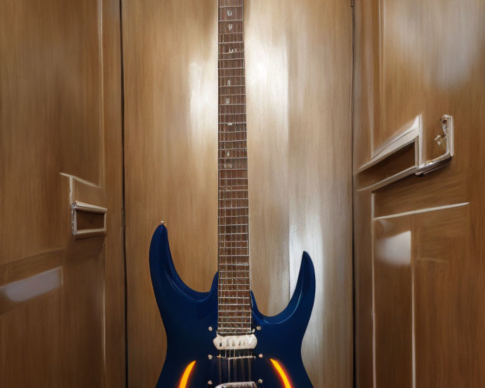 Blue Electric Guitar with White Pickups and Unique Body Shape on Wooden Wall Hangers