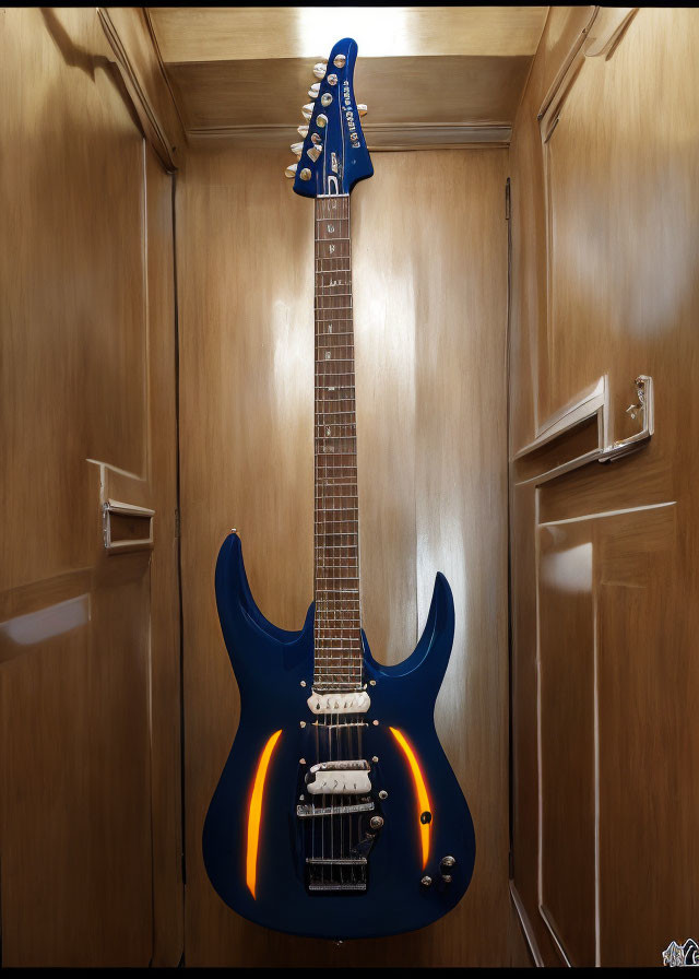 Blue Electric Guitar with White Pickups and Unique Body Shape on Wooden Wall Hangers