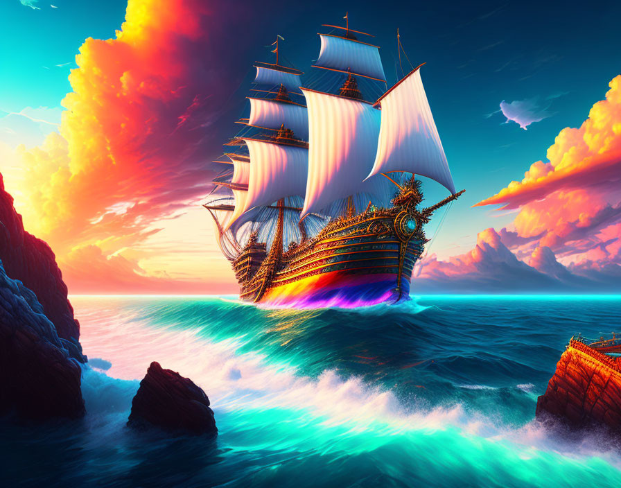 Majestic ship with white sails on turbulent blue seas at sunset