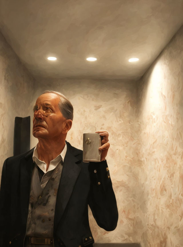 Elderly man in suit takes selfie in mirror-clad room