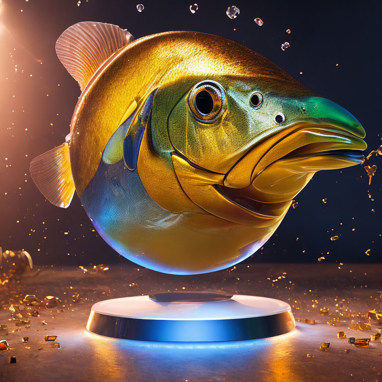 Detailed Golden Fish Sculpture on Pedestal with Floating Particles in Dark Background