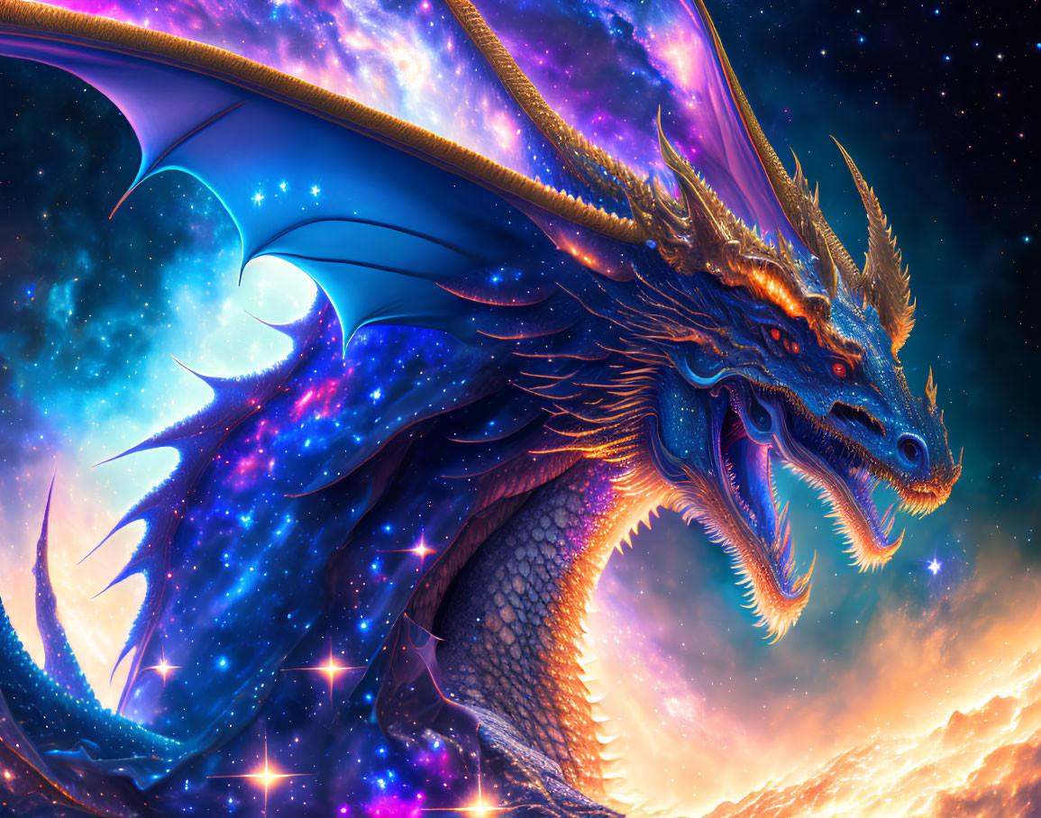 Majestic cosmic dragon with star-filled wings and glowing blue eyes in vibrant sunset sky