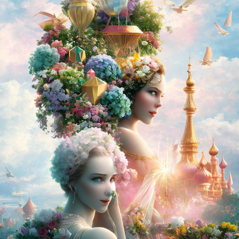 Fantastical painting of two women with floral headdresses in a whimsical setting