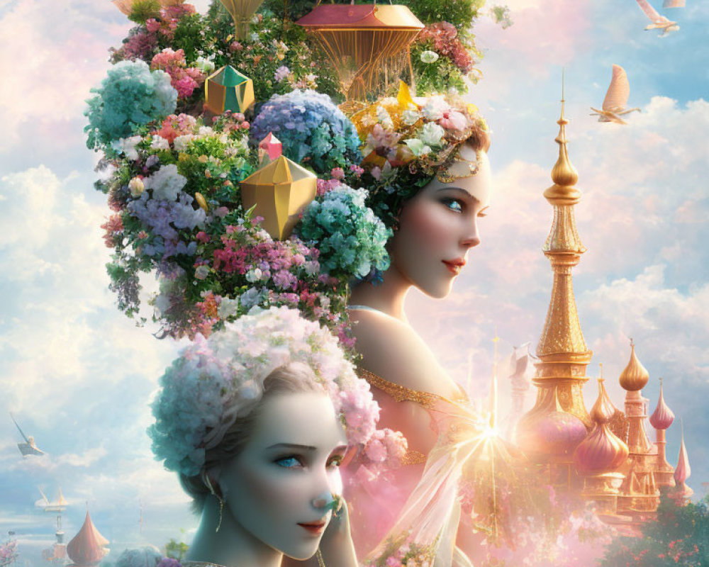 Fantastical painting of two women with floral headdresses in a whimsical setting