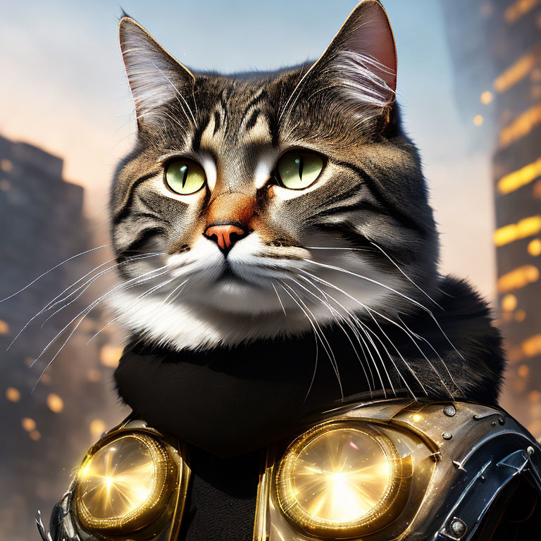 Green-eyed cat in sci-fi suit against urban sunset.