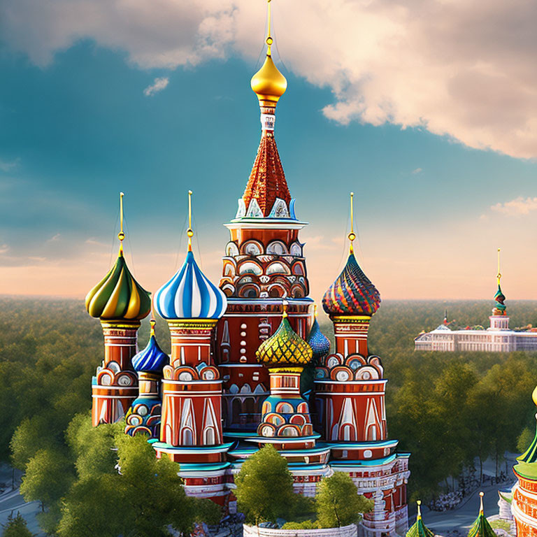 Colorful Saint Basil's Cathedral with onion domes in nature scene